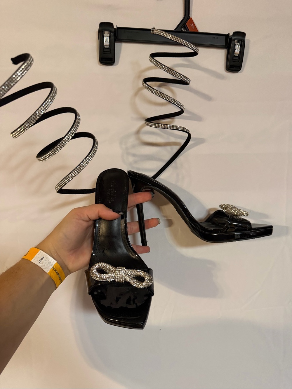 Charlotte Russe Black Patent Spiral Wrap Crystal Bow Heels